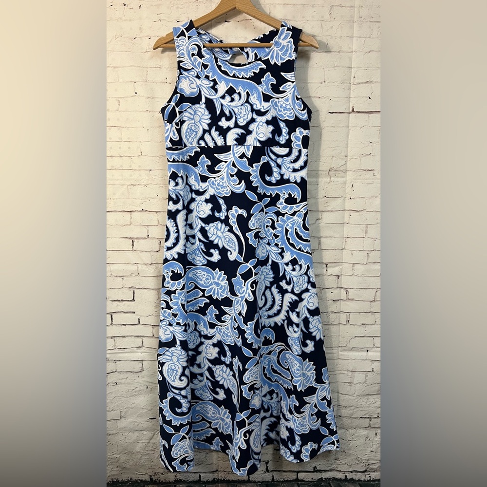 Talbots Medium Petite Sleeveless Maxi Dress Blue Navy Print Paisley